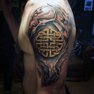 3d celtic knot mens upper arm tattoo ideas