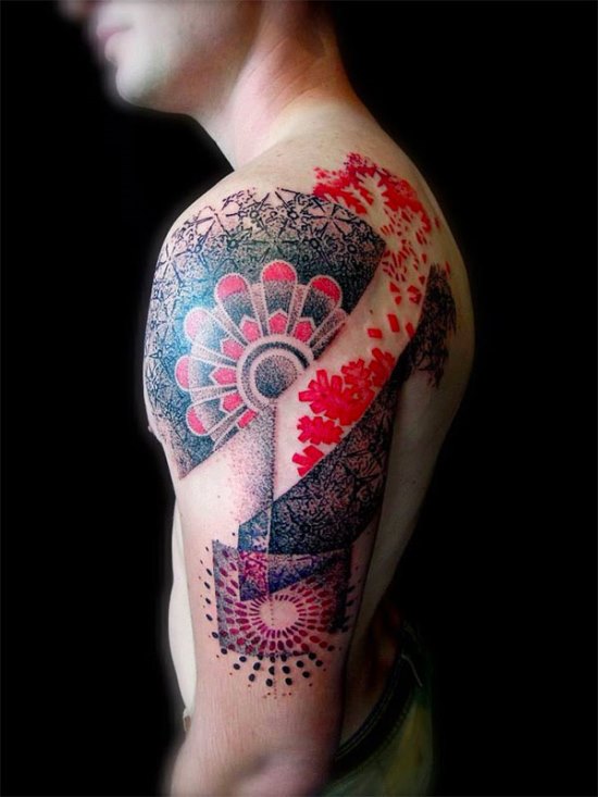 abstract geometric flower tattoo on man left half sleeve