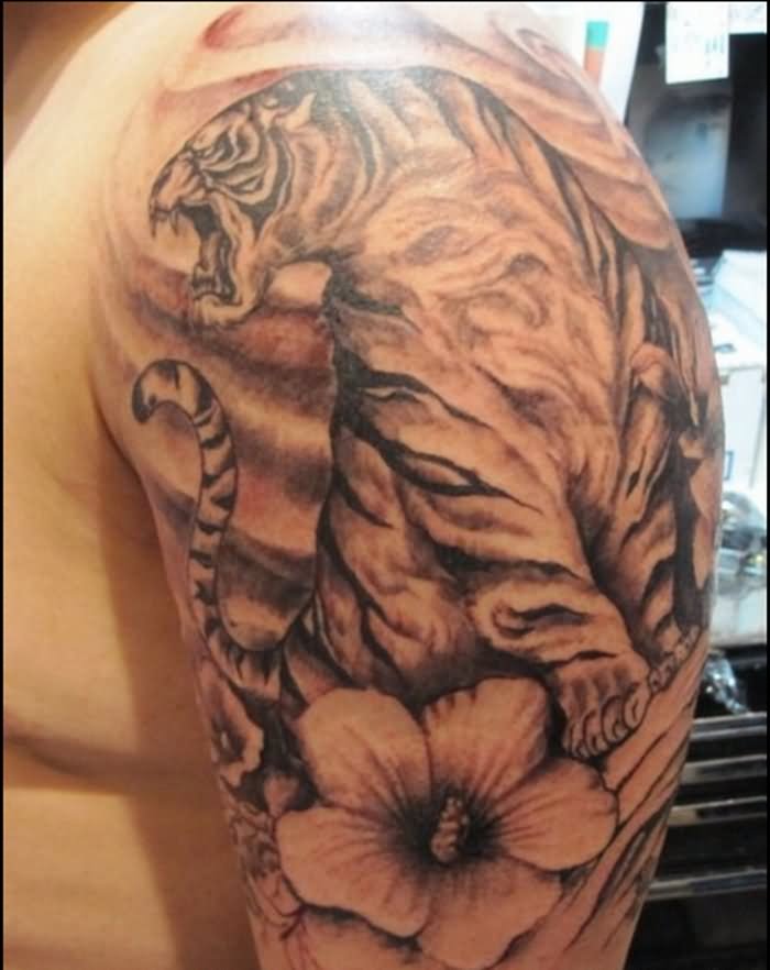 black and grey hibiscus flower with tiger tattoo design for men half sleeve