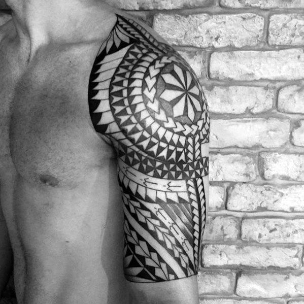 black ink polynesian male tribal tattoo half sleeve designs