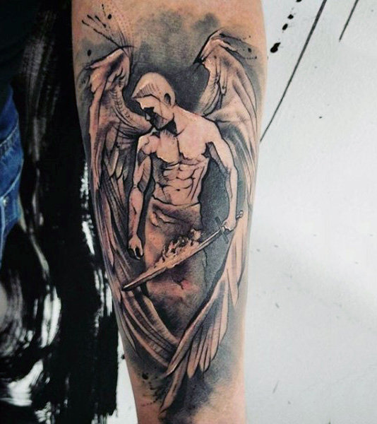 mens forearms handsome guardian angel tattoo