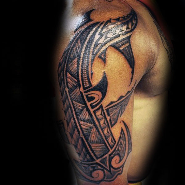 upper arm half sleeve mens tribal shark tattoo design ideas
